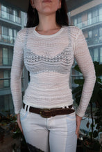 Load image into Gallery viewer, Elektra Vintage cream open knit lace top with sheer crochet long sleeves, vintage 2000s BCBG Y2K women's designer top
