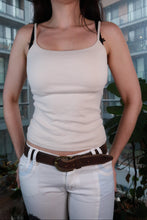 Load image into Gallery viewer, Vintage 2000s cream fitted spaghetti strap cami tank top for women, from Elektra Vintage, shown on a hanger.
