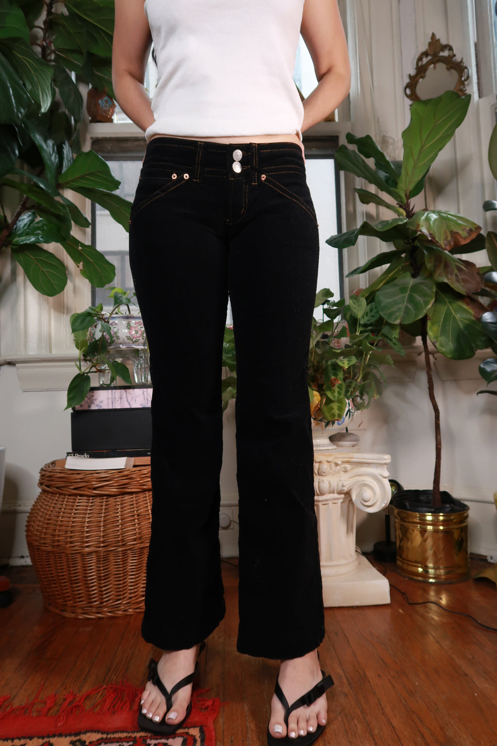 Vintage Y2K Black Velvet Contrast Stitch Flare Pants