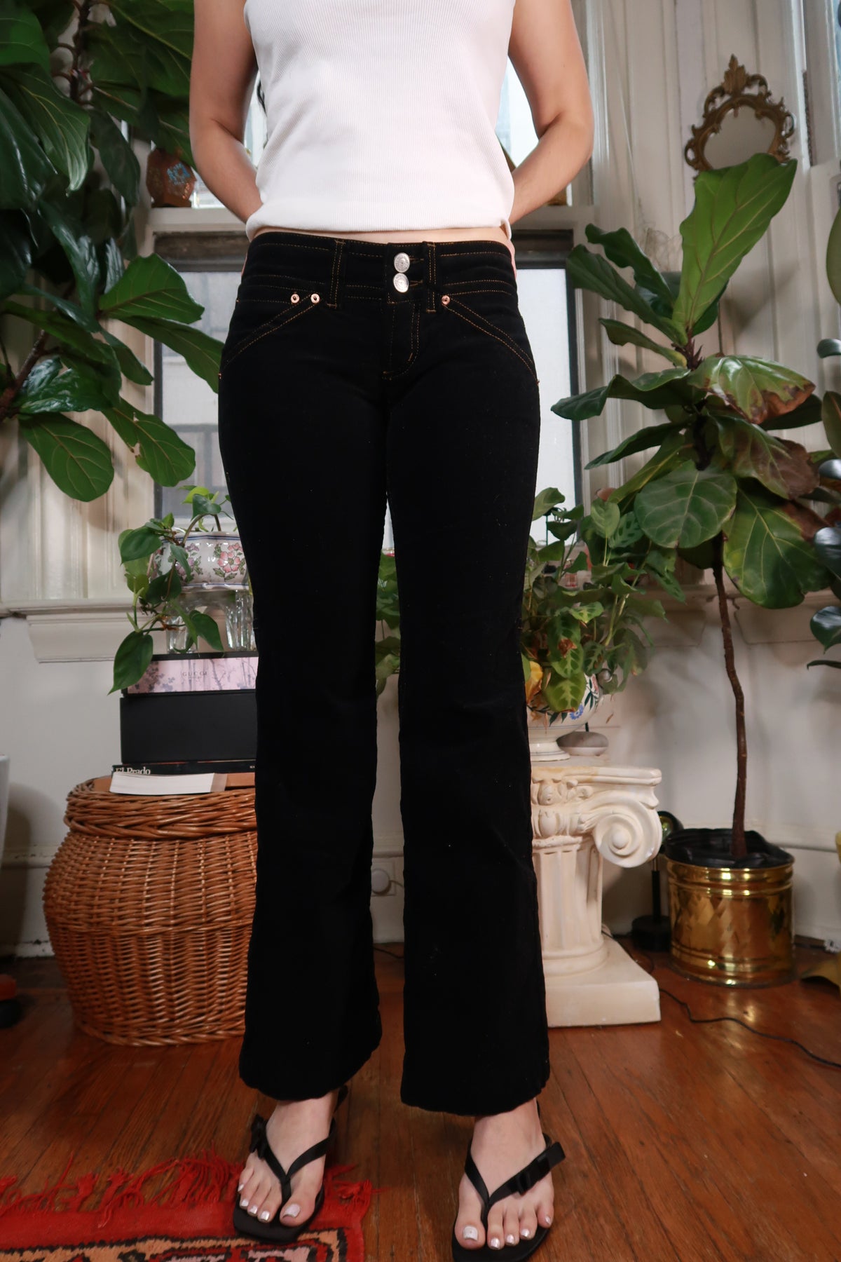 Vintage Y2K Black Velvet Contrast Stitch Flare Pants