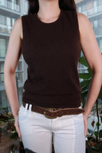 Load image into Gallery viewer, Brown sleeveless cashmere knit top for women, minimalist soft sweater tank by Elektra Vintage, displayed on a hanger.
