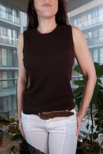 Load image into Gallery viewer, Elektra Vintage women's sleeveless knit top in soft brown cashmere, minimalist design, close-up of the cozy, sleeveless sweater tank.
