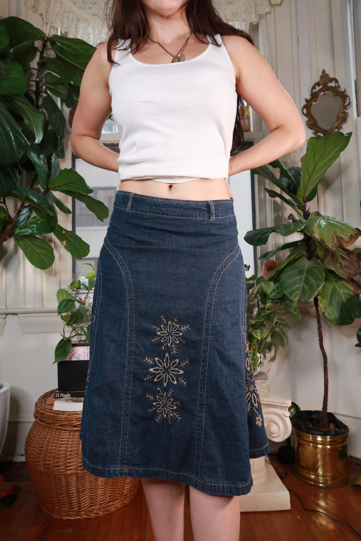 Vintage 2000s Embroidered Denim Midi Skirt