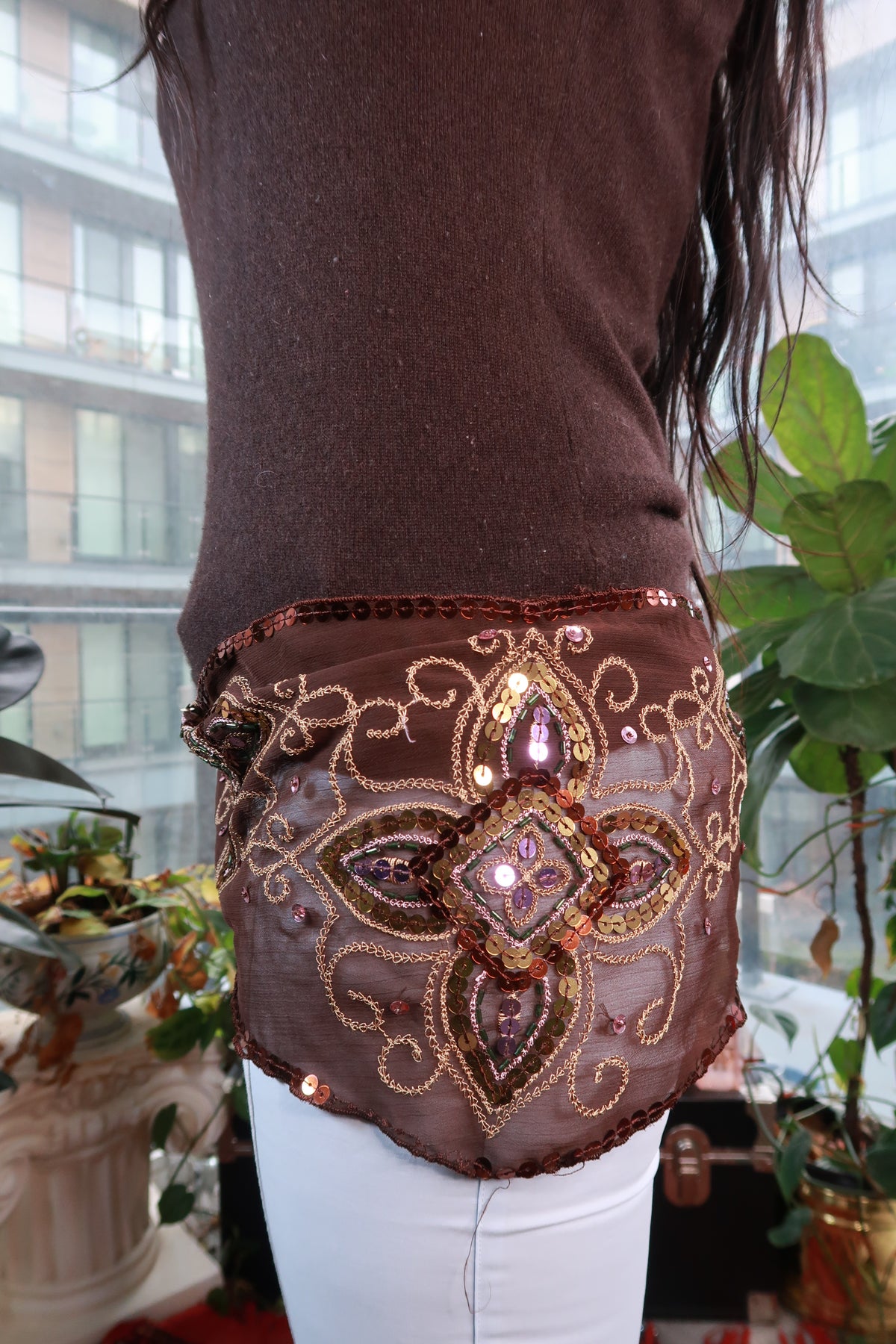 Vintage 2000s embellished sheer brown scarf with beaded sequins and embroidered details, styled as a statement wrap.