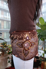 Load image into Gallery viewer, Vintage 2000s embellished sheer brown scarf with beaded sequins and embroidered details, styled as a statement wrap.
