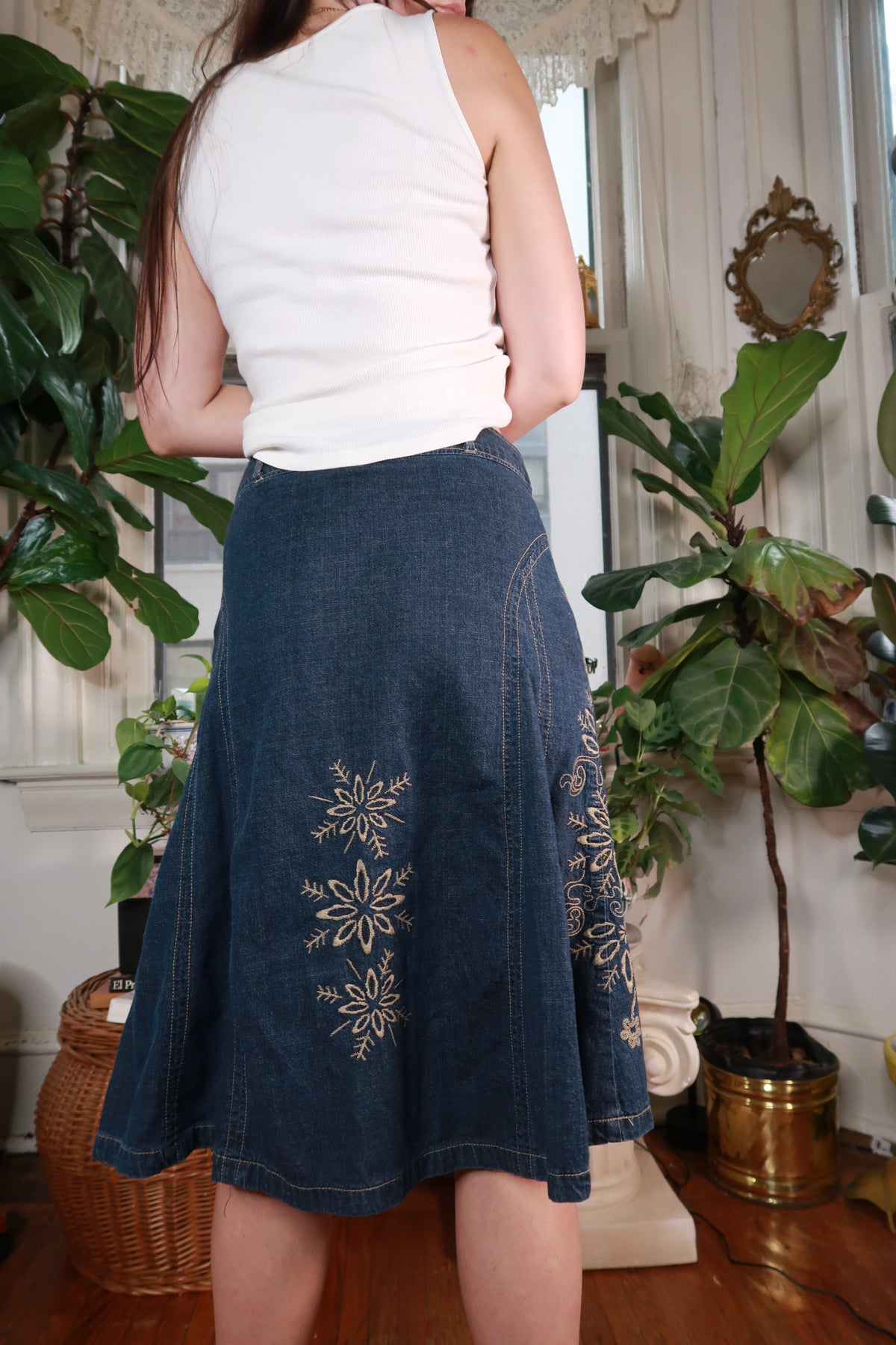 Vintage 2000s Embroidered Denim Midi Skirt
