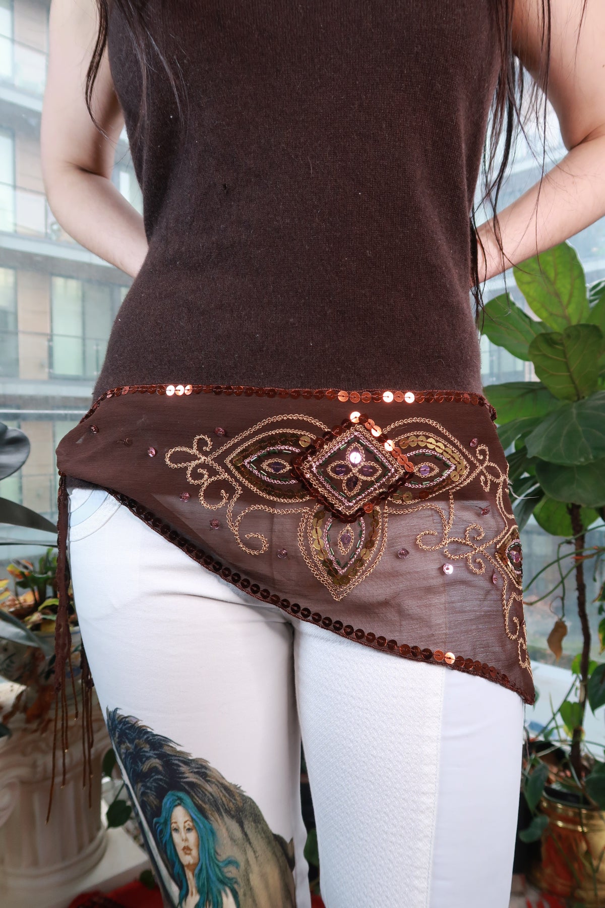 Sheer brown vintage scarf with beaded sequins and embroidery, 2000s Y2K style, styled as a statement wrap by Elektra Vintage.