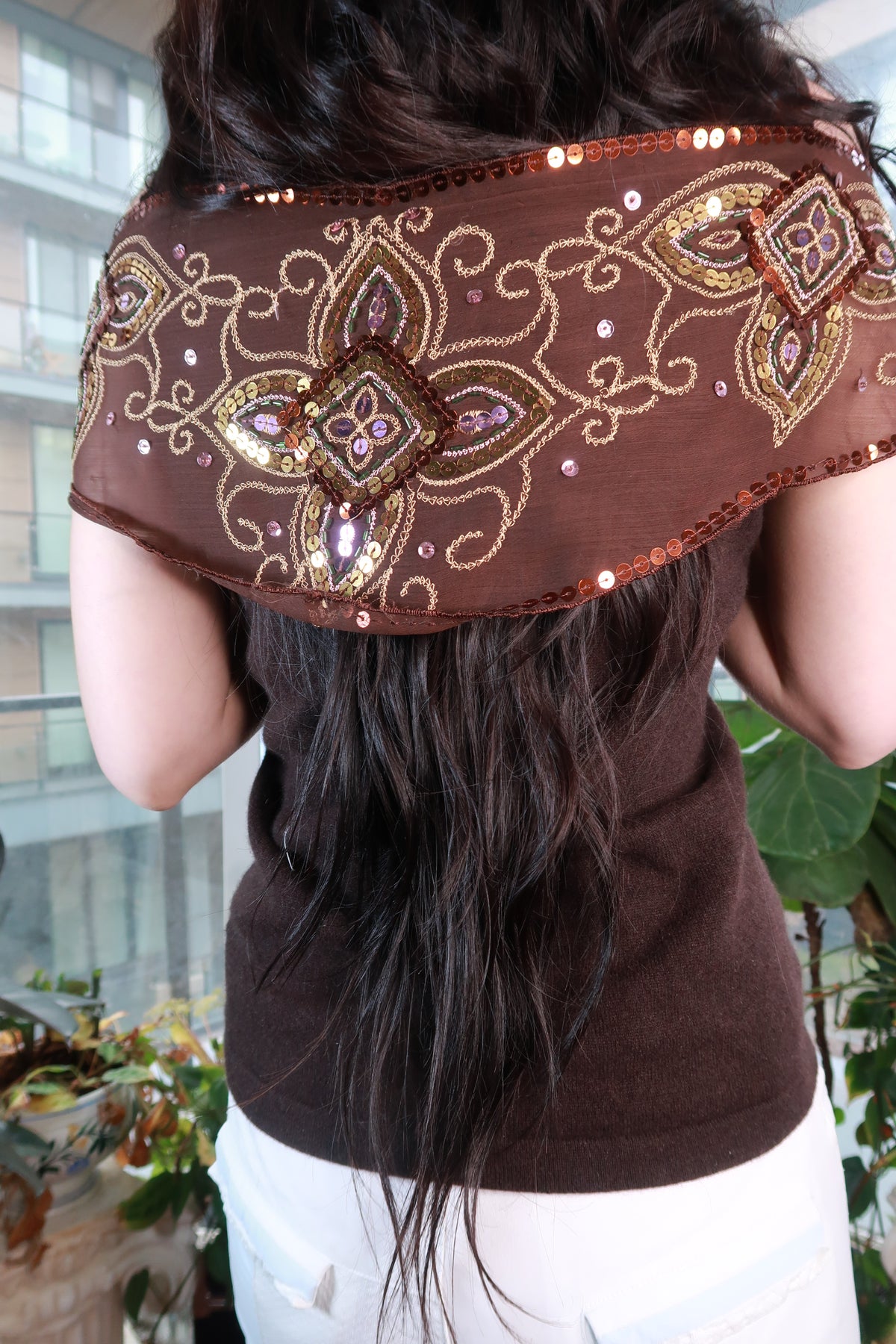 Vintage 2000s Elektra Vintage sheer brown scarf with beaded sequins, embroidery, and embellishments, styled as a statement wrap.