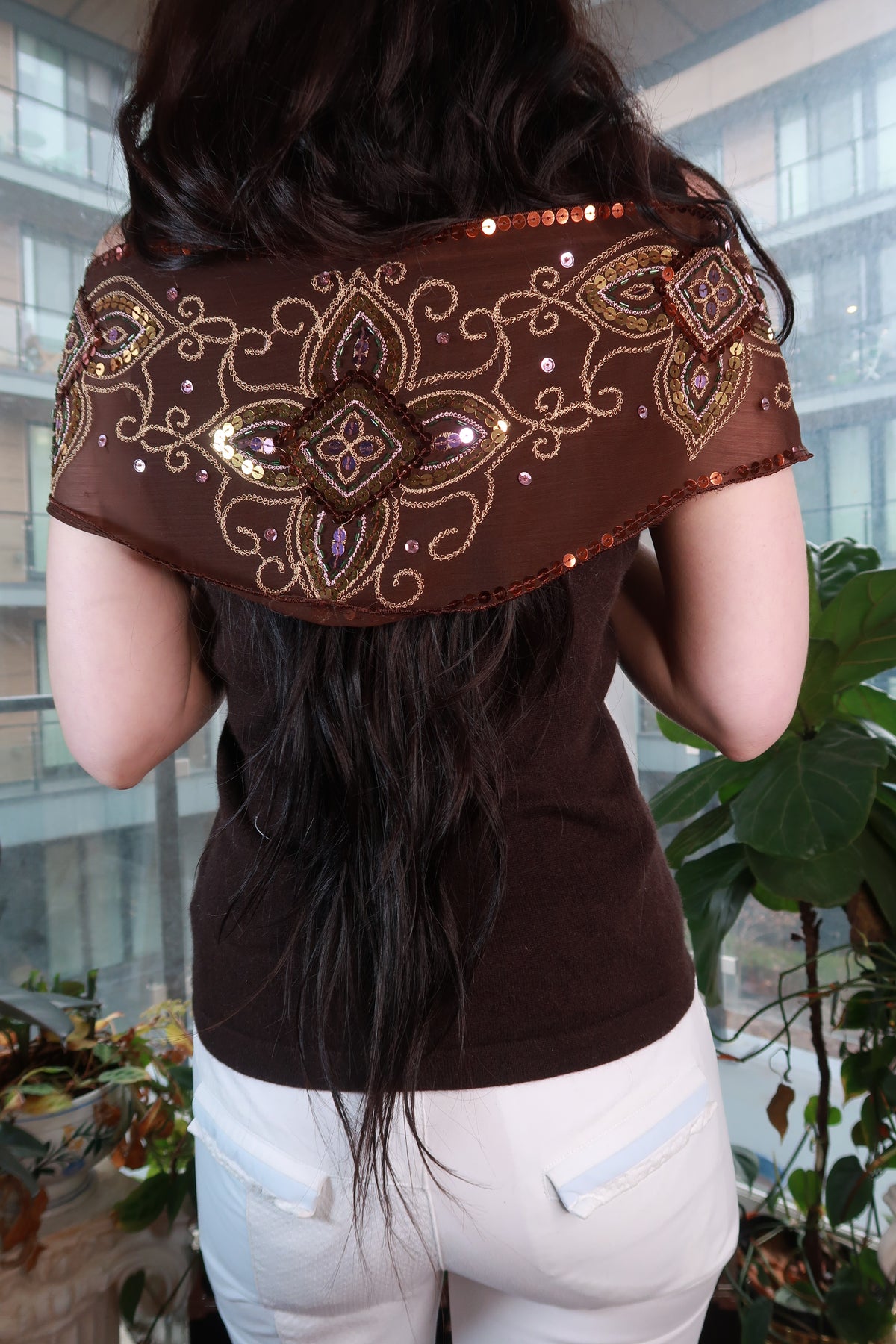 Vintage 2000s sheer brown scarf with beaded sequins and embroidery, styled as a statement wrap from Elektra Vintage.