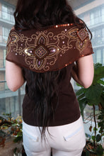 Load image into Gallery viewer, Vintage 2000s sheer brown scarf with beaded sequins and embroidery, styled as a statement wrap from Elektra Vintage.
