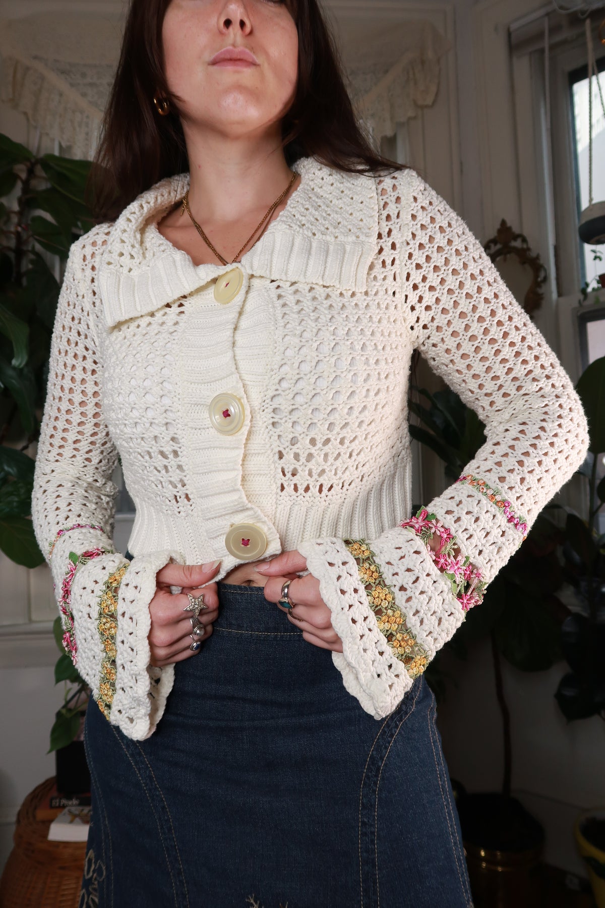 Free People Crochet Floral Bell Sleeve Cardigan