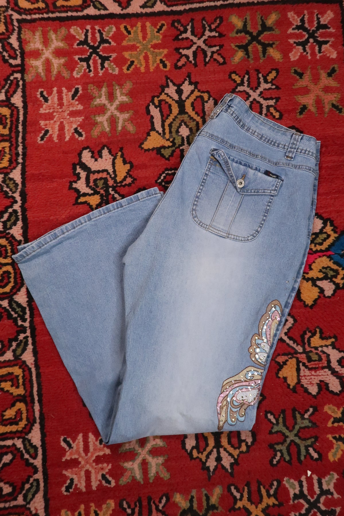 Vintage 2000s Sequin Butterfly Flare Jeans - Elektra Vintage
