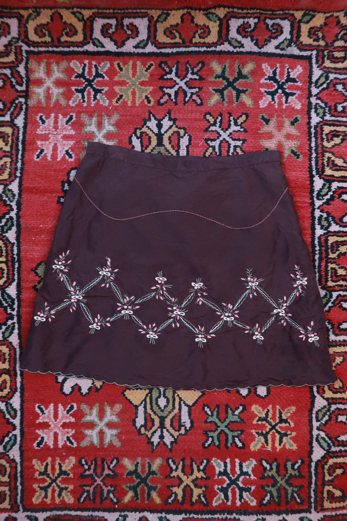 Vintage Chocolate Brown Silk Embroidered Mini Skirt