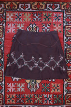 Load image into Gallery viewer, Chocolate brown silk embroidered mini skirt by Elektra Vintage, featuring vintage-inspired design and detailed embroidery.
