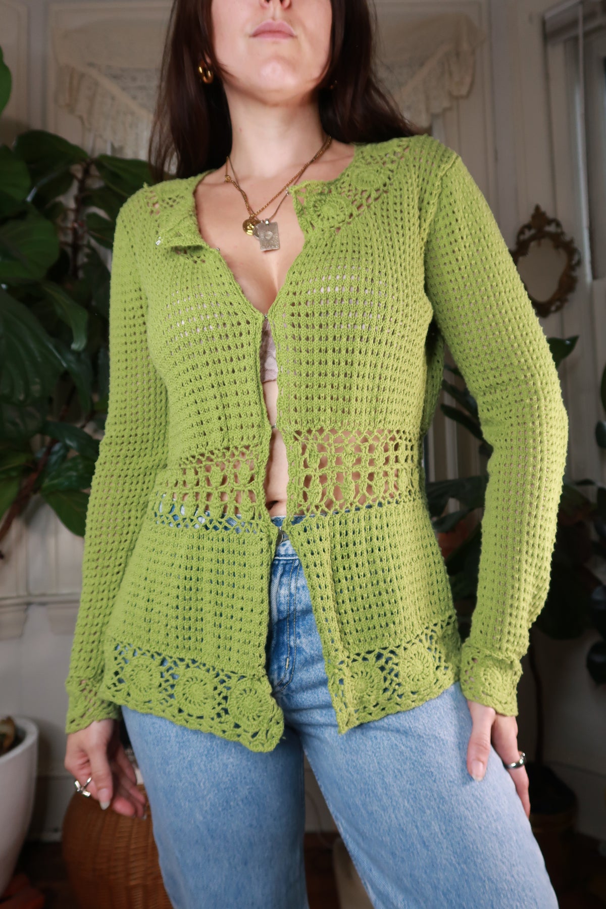 Vintage 2000s Green Crochet Cardigan
