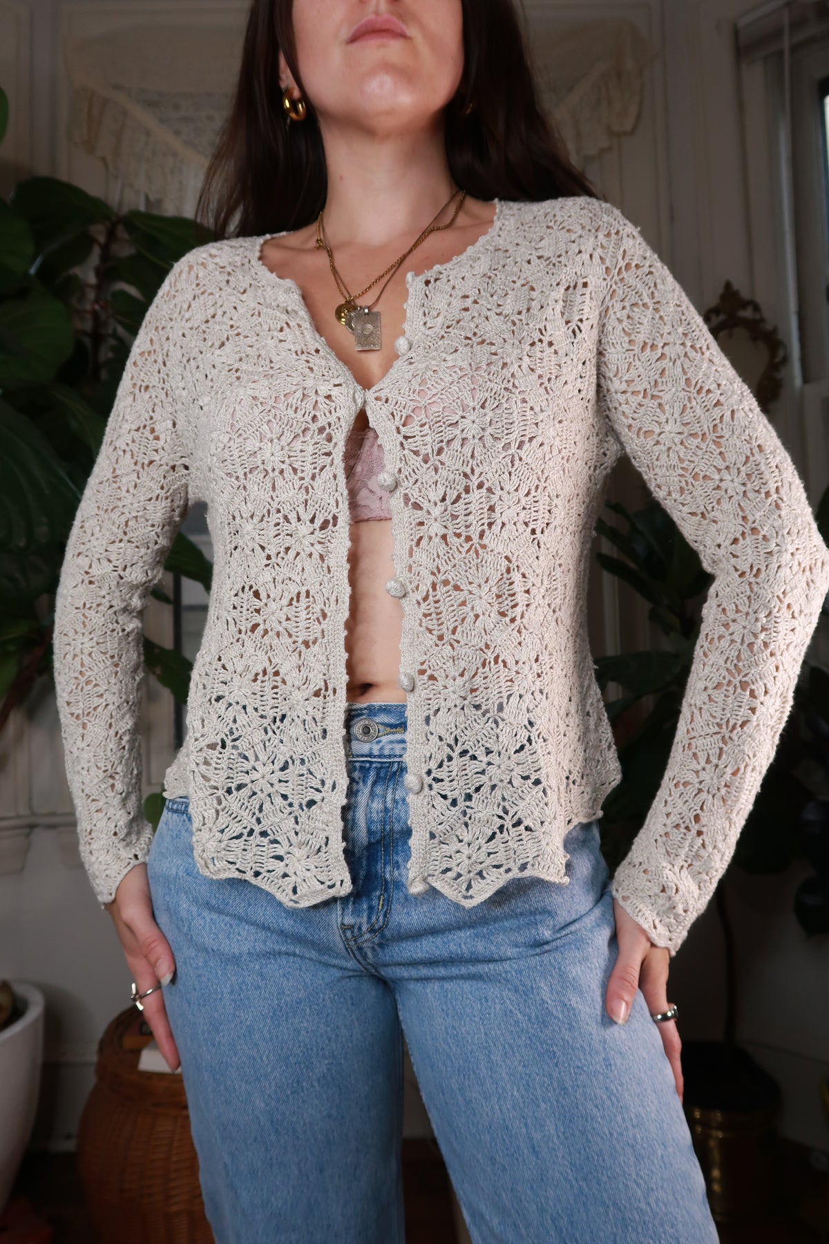 Vintage Ivory Floral Crochet Cardigan