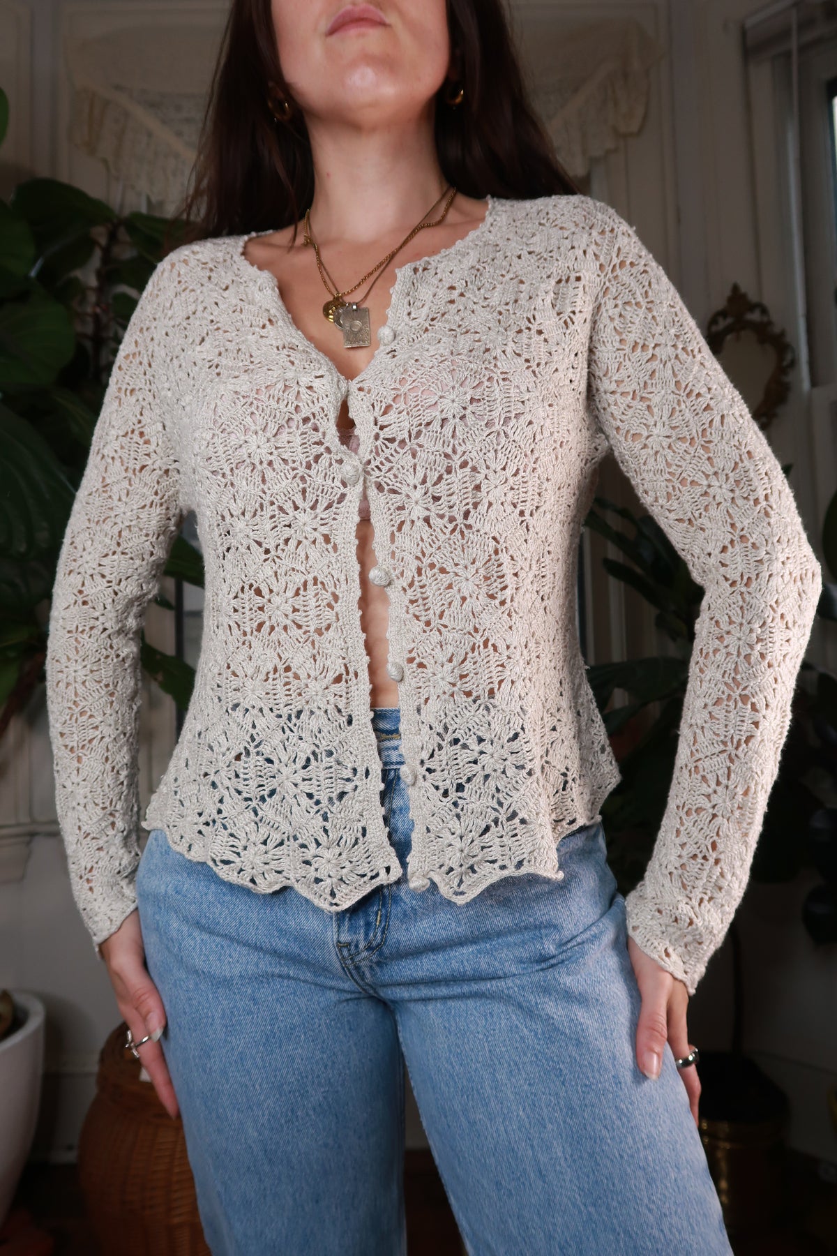 Vintage Ivory Floral Crochet Cardigan