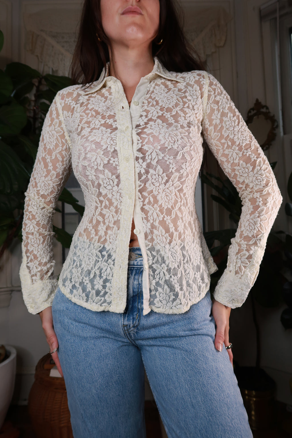 Vintage Ivory Floral Lace Button Up Top