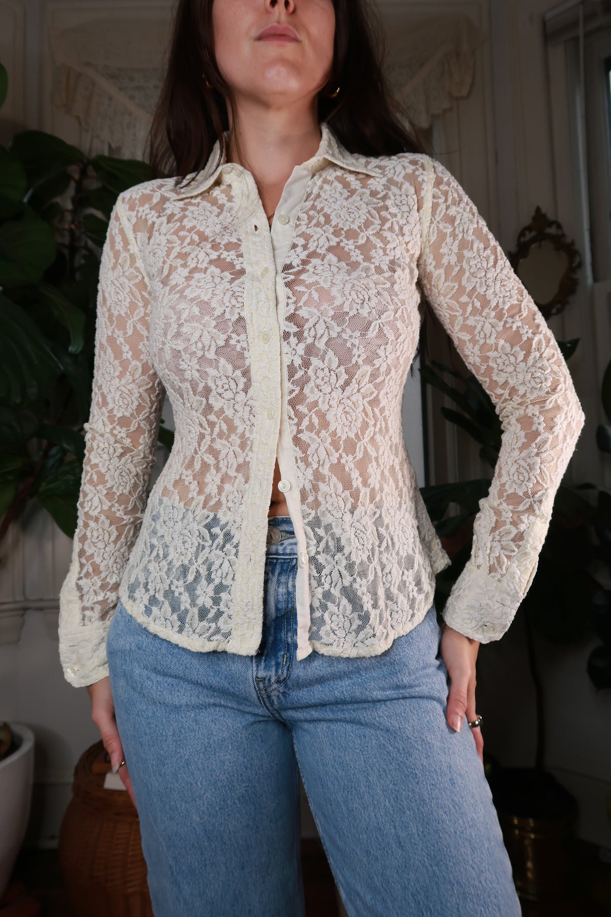 Vintage Ivory Floral Lace Button Up Top