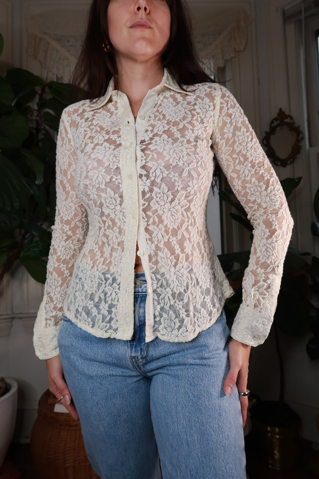 Vintage Ivory Floral Lace Button Up Top