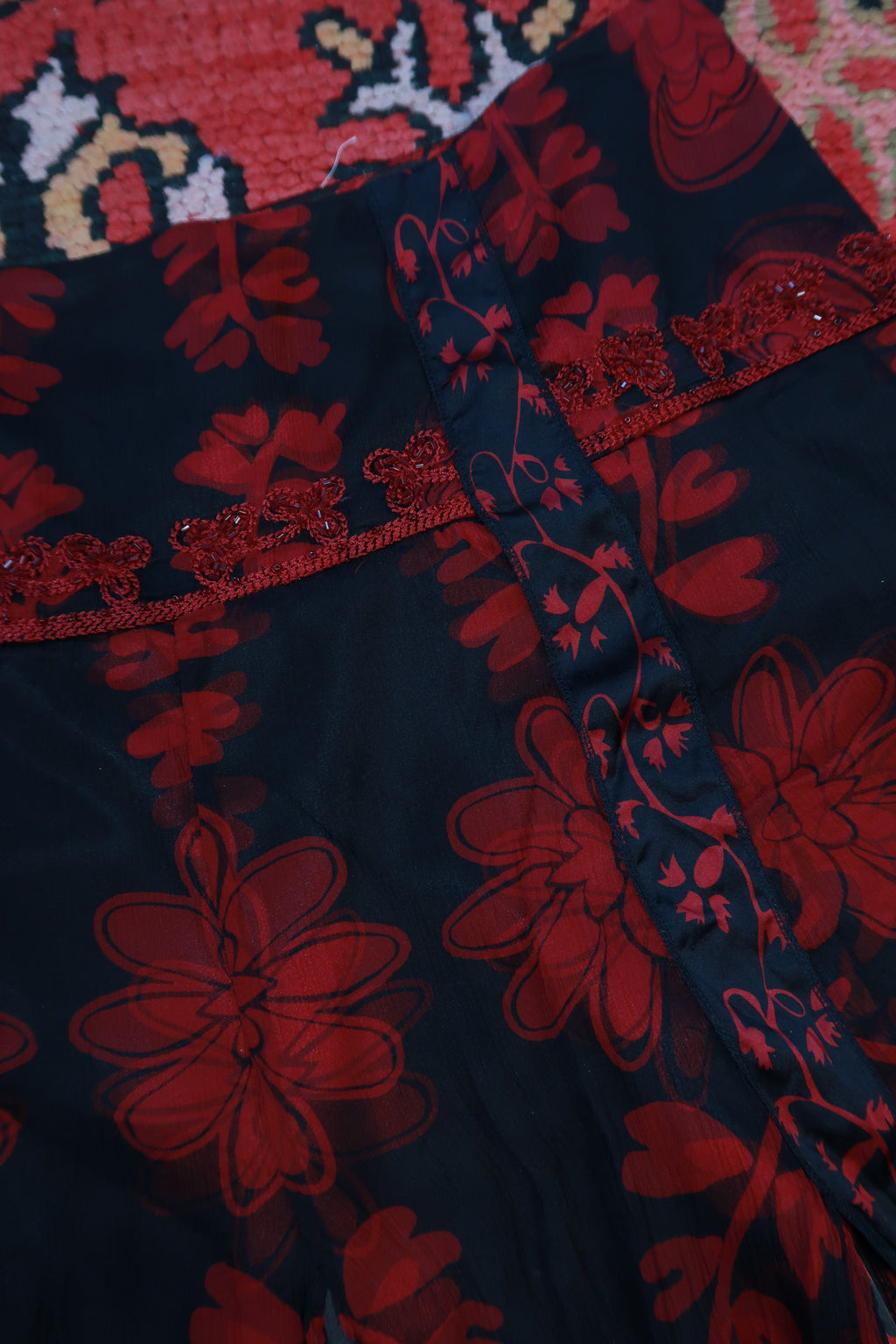 Black and red sheer silk floral ruffle mini skirt by Elektra Vintage, vintage 2000s skirt with feminine ruffle details.