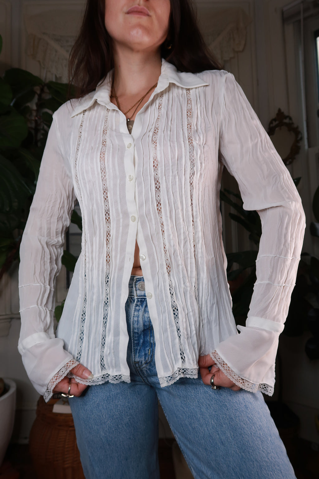 Vintage White Pintuck Lace Button Up Blouse