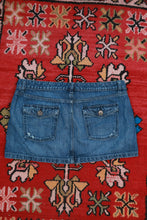 Load image into Gallery viewer, Vintage 2000s Mossimo low rise denim micro mini skirt, displayed on a hanger with visible distressed details and classic blue wash.

