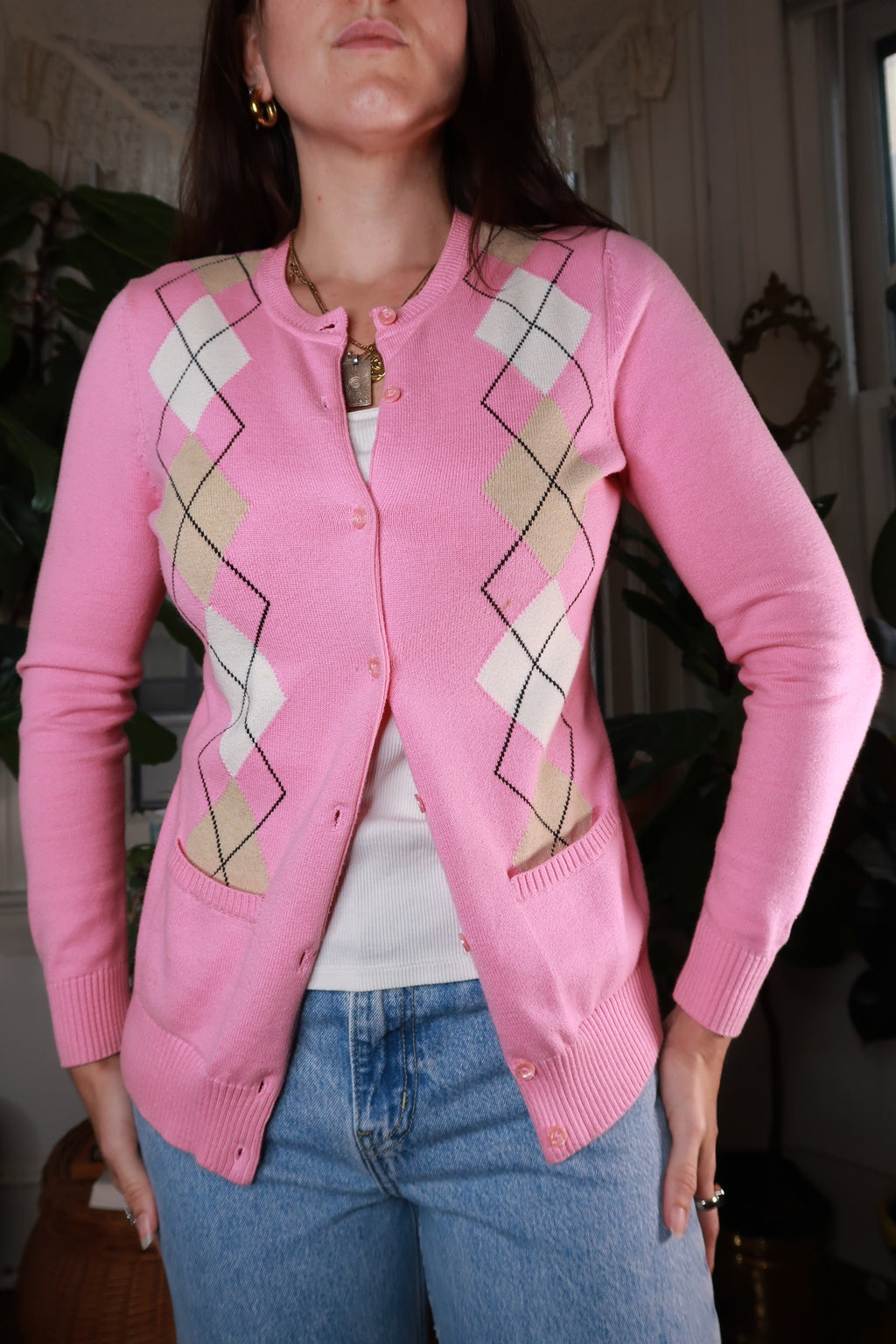 Vintage Y2K Pink Argyle Cardigan