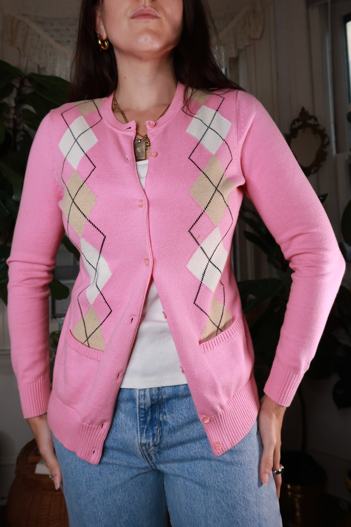 Vintage Y2K Pink Argyle Cardigan