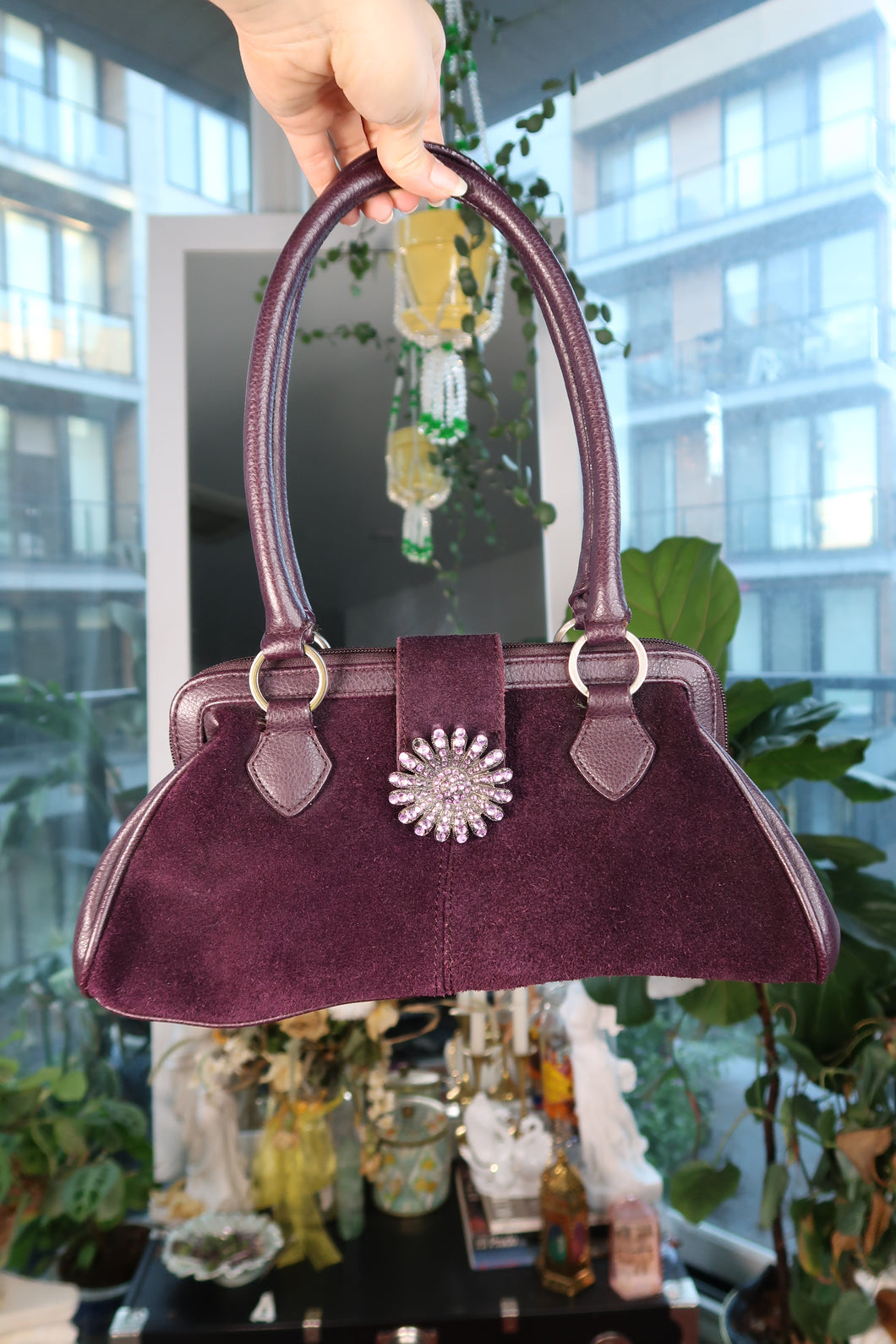 Vintage Purple Suede Shoulder Bag with Jeweled Clasp