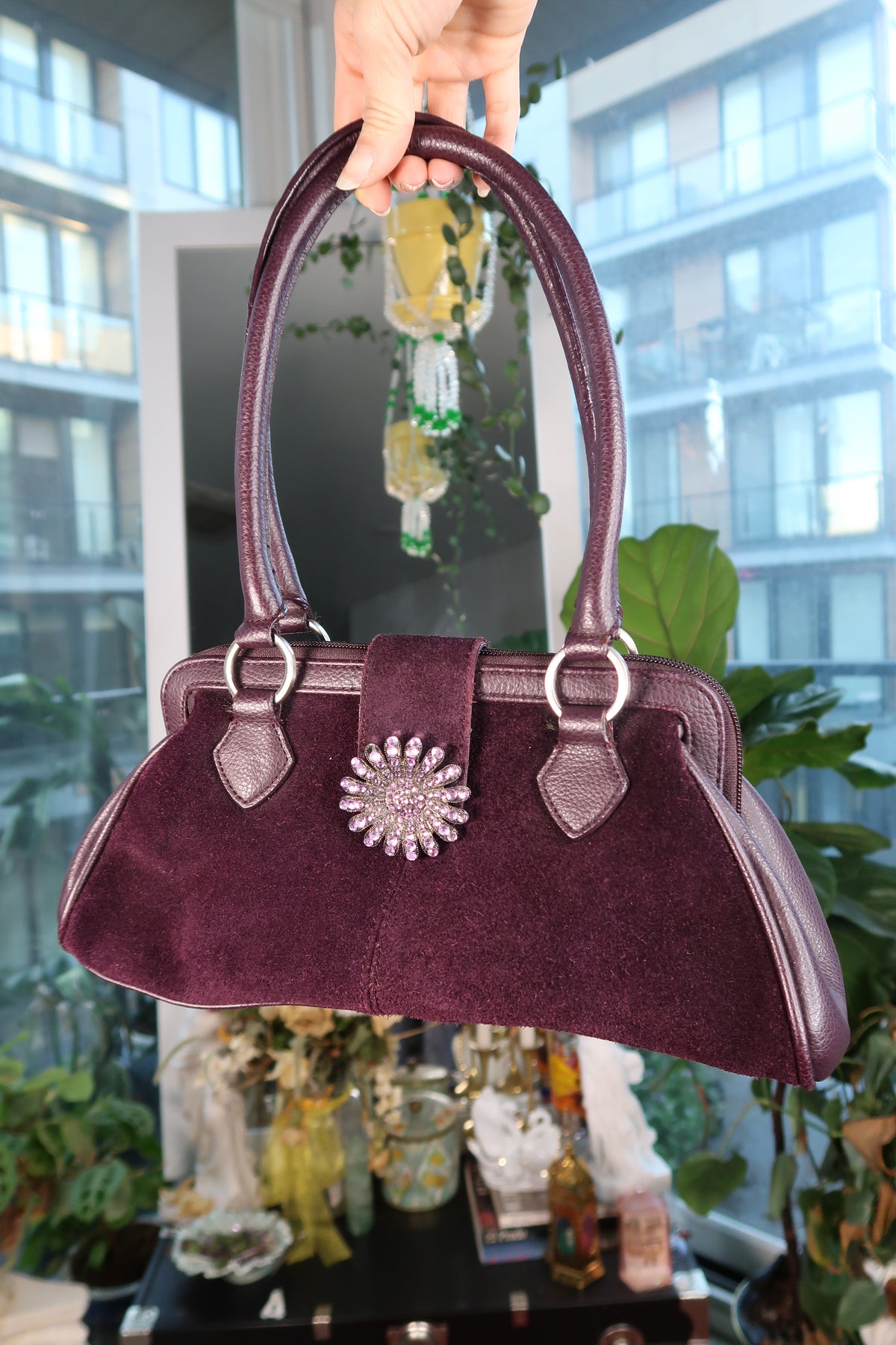 Vintage Purple Suede Shoulder Bag with Jeweled Clasp