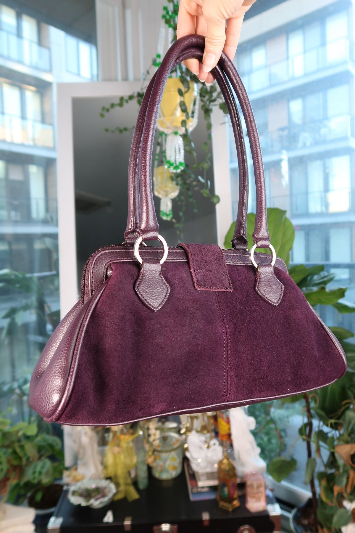 Vintage Purple Suede Shoulder Bag with Jeweled Clasp