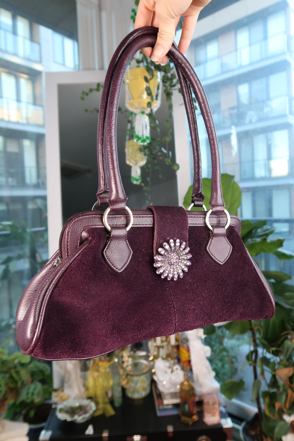 Vintage Purple Suede Shoulder Bag with Jeweled Clasp