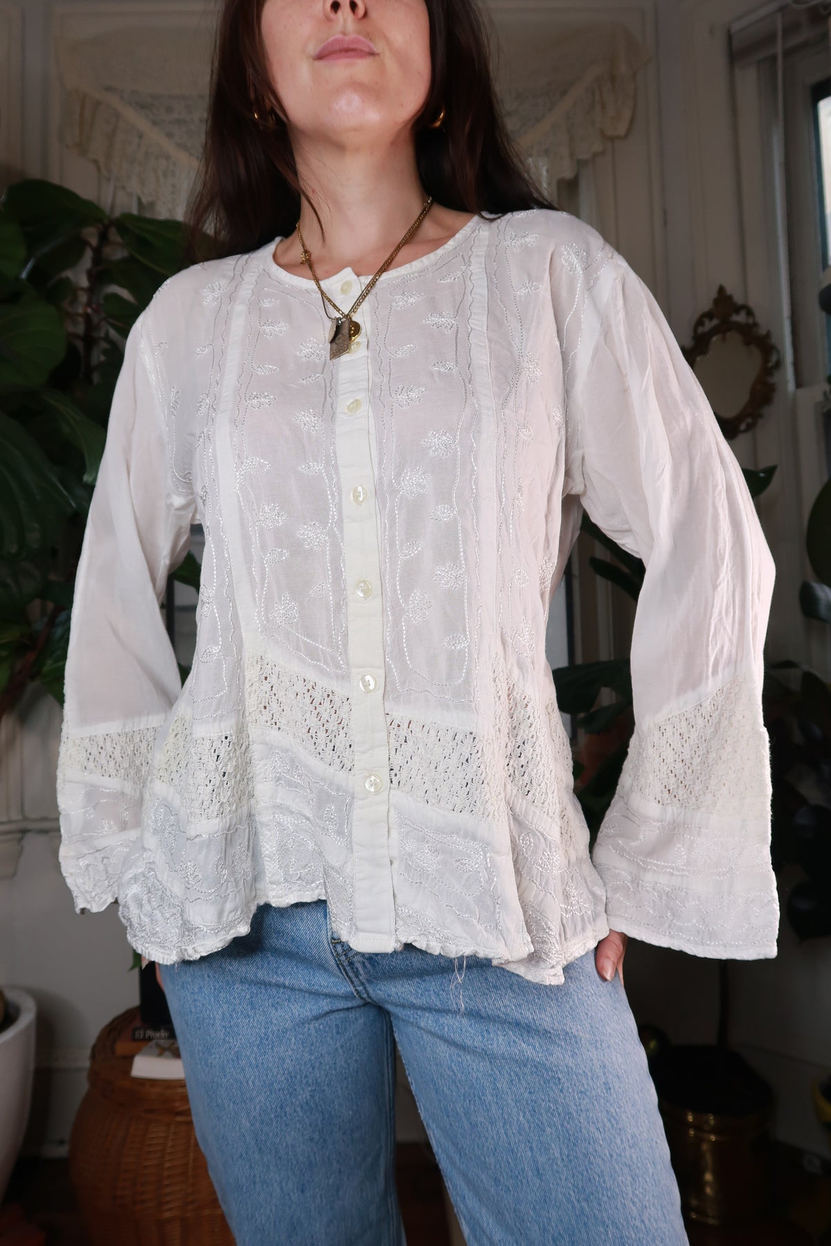 Vintage 2000s White Embroidered Boho Blouse