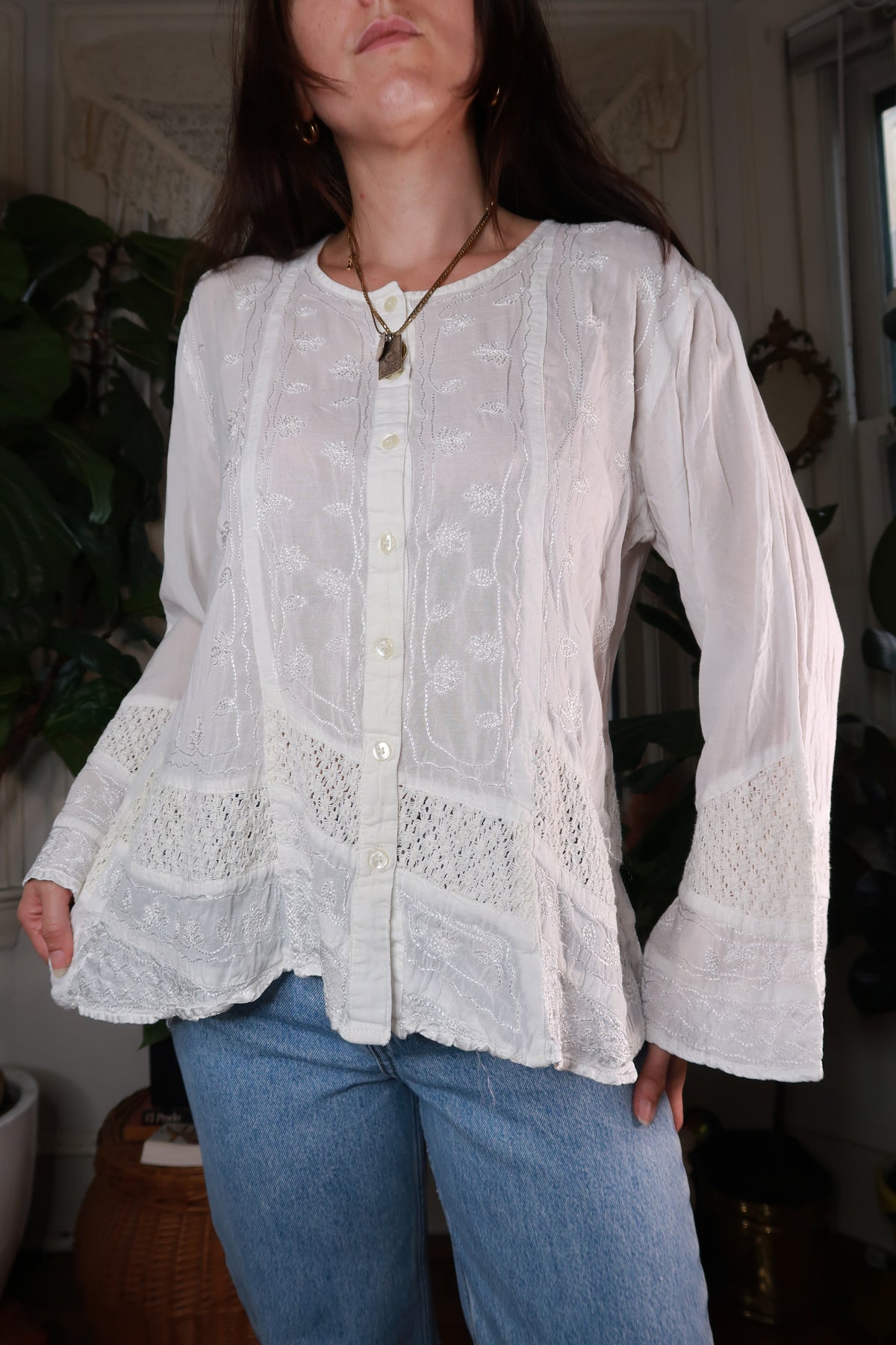 Vintage 2000s White Embroidered Boho Blouse