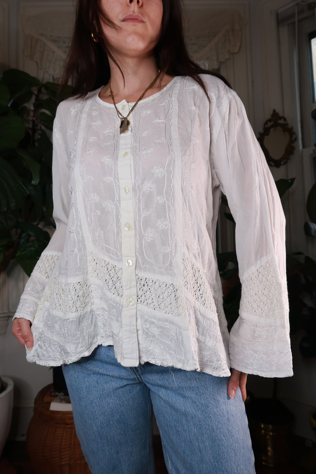 Vintage 2000s White Embroidered Boho Blouse