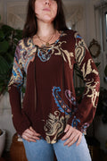 Elektra Vintage women's brown paisley lace-up top with a vintage Y2K style and intricate lace-up front detailing.