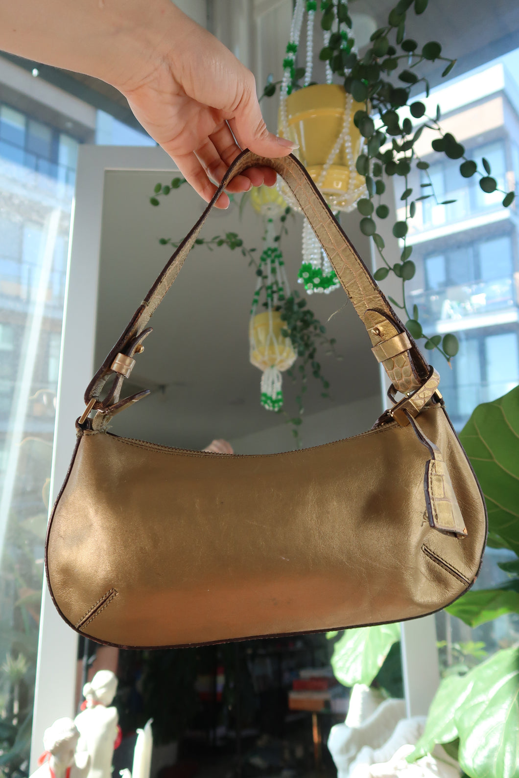 Vintage 2000s Metallic Gold Shoulder Bag with Croc Embossed Strap