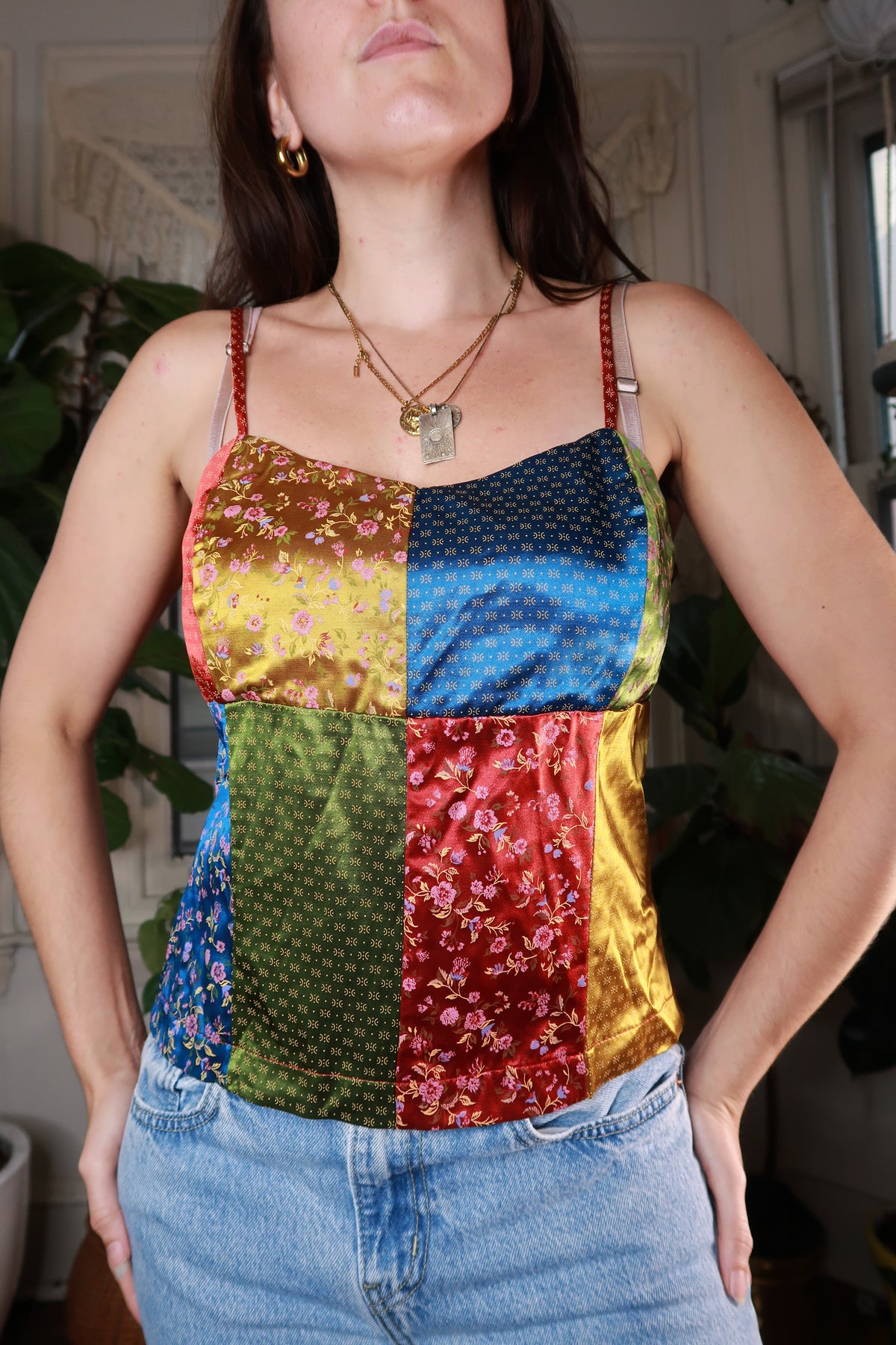 Vintage 2000s Multicolor Patchwork Satin Camisole Top - Elektra Vintage