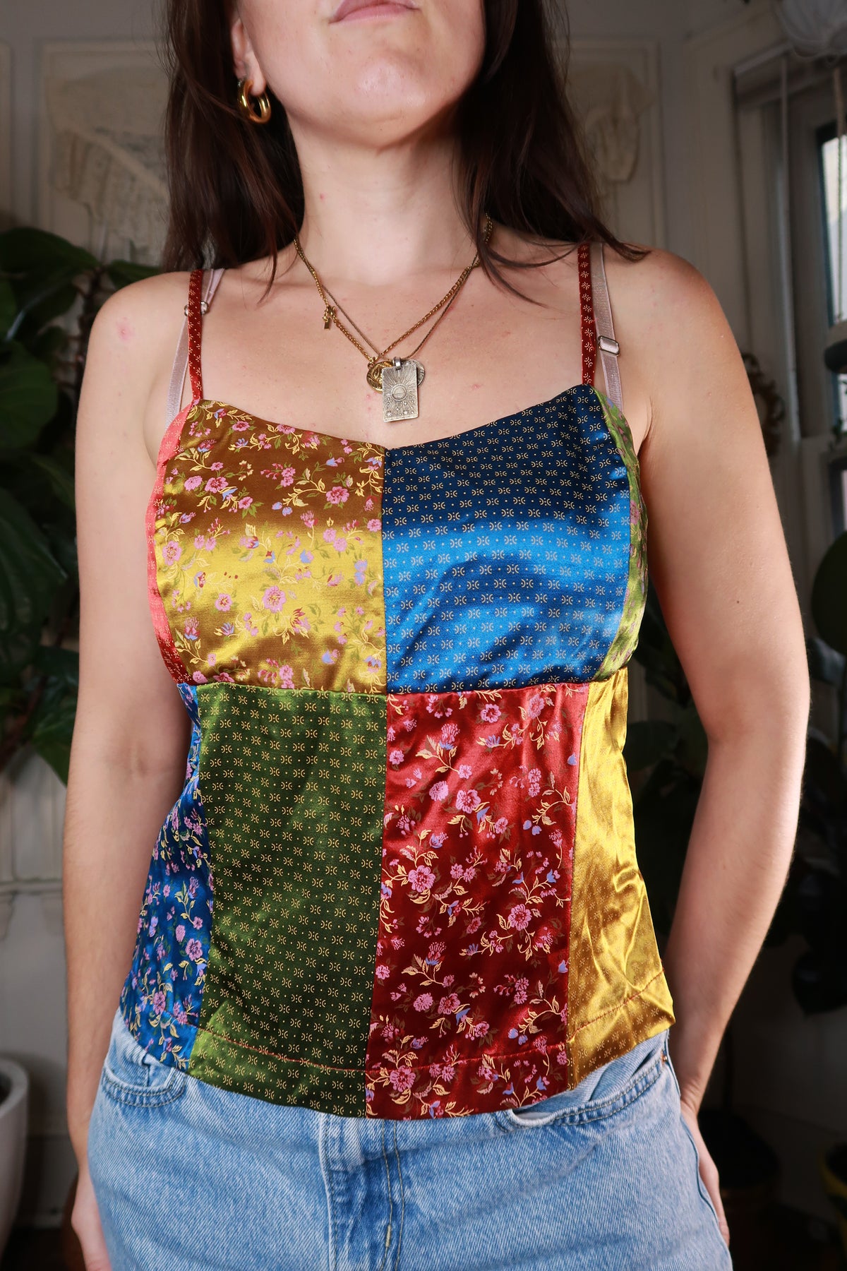 Vintage 2000s Multicolor Patchwork Satin Camisole Top - Elektra Vintage
