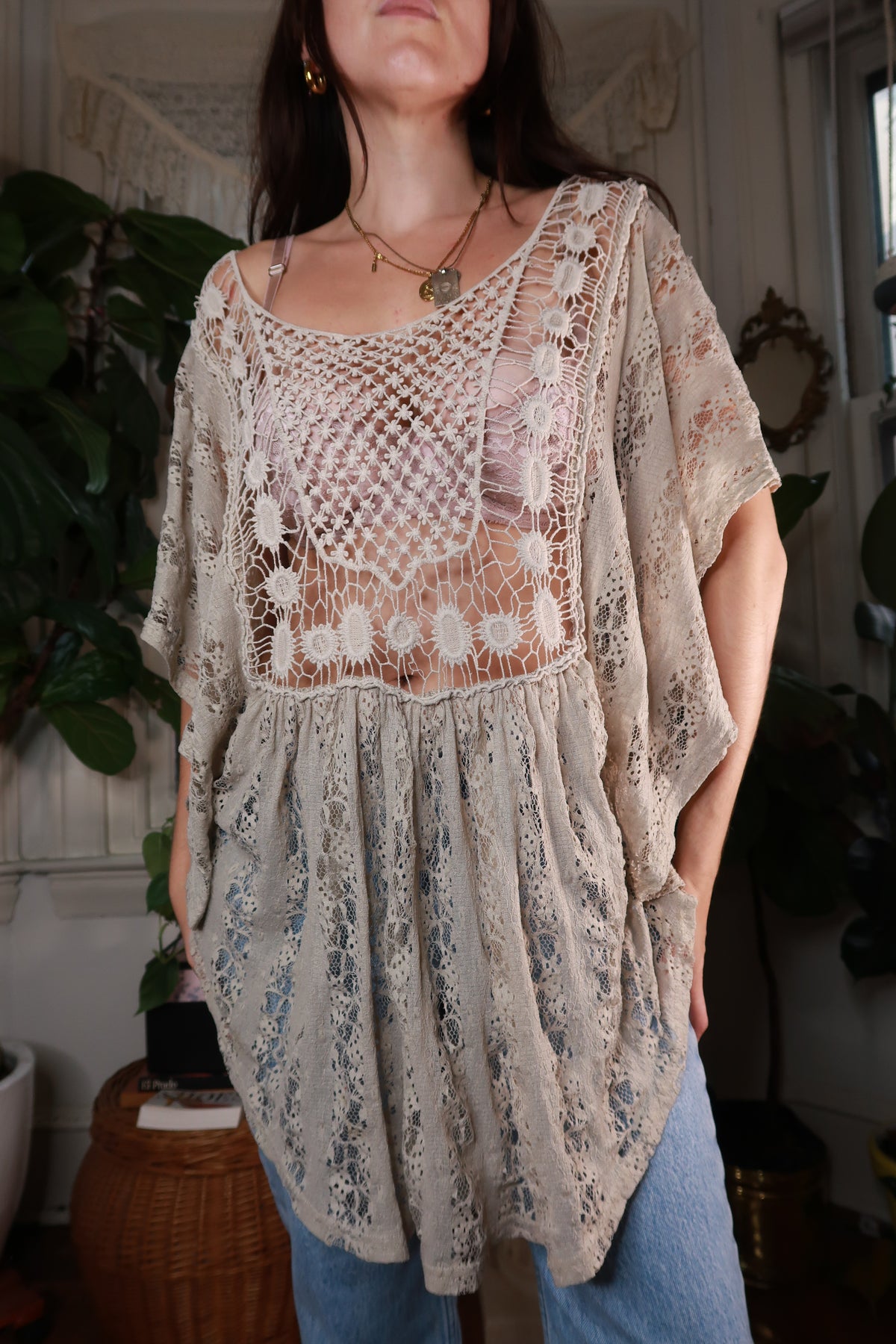 Vintage Taupe Crochet Lace Babydoll Tunic Top - Elektra Vintage