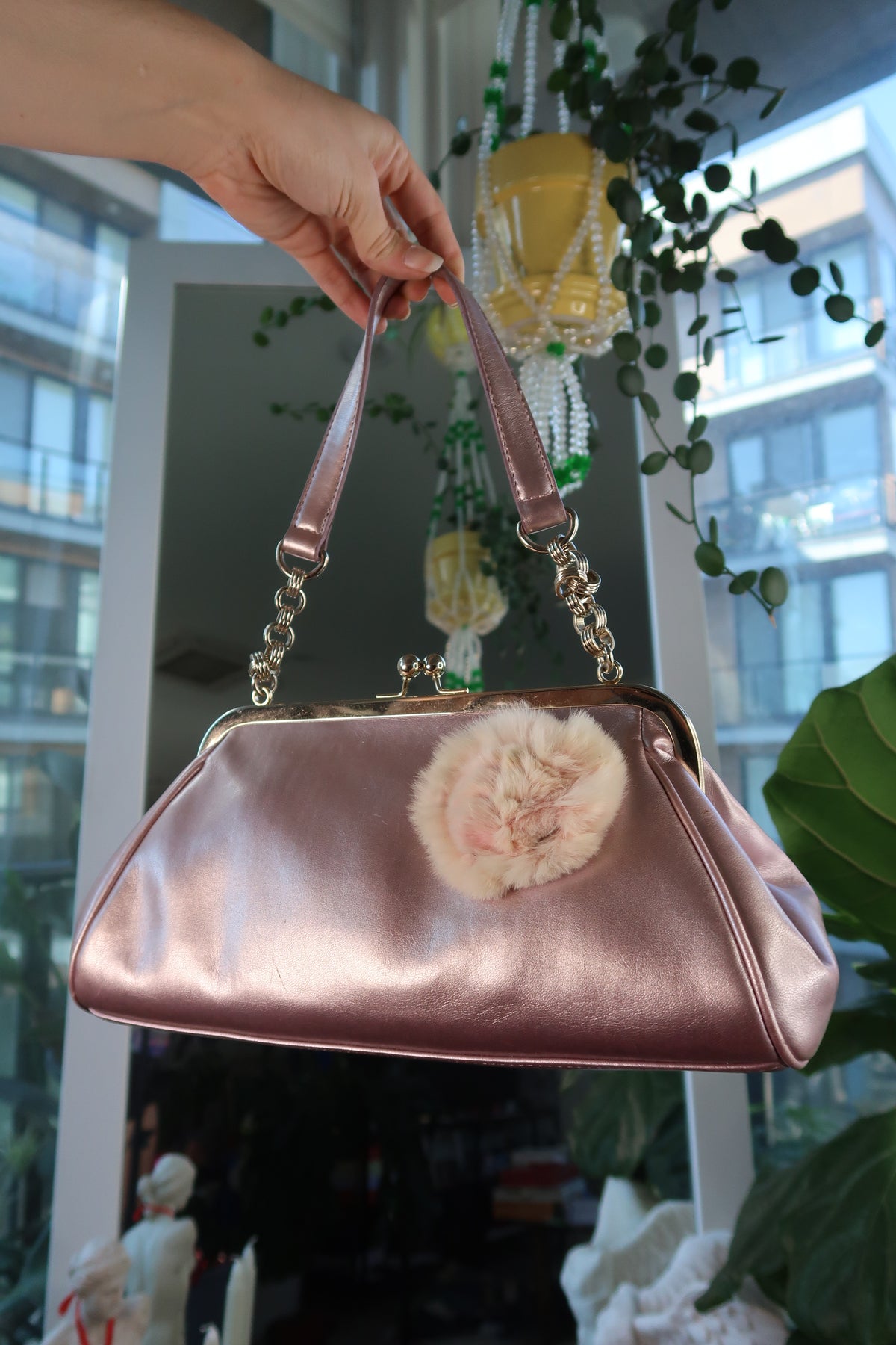 Vintage 90s Pink Metallic Shoulder Bag with Rabbit Fur Flower Accent
