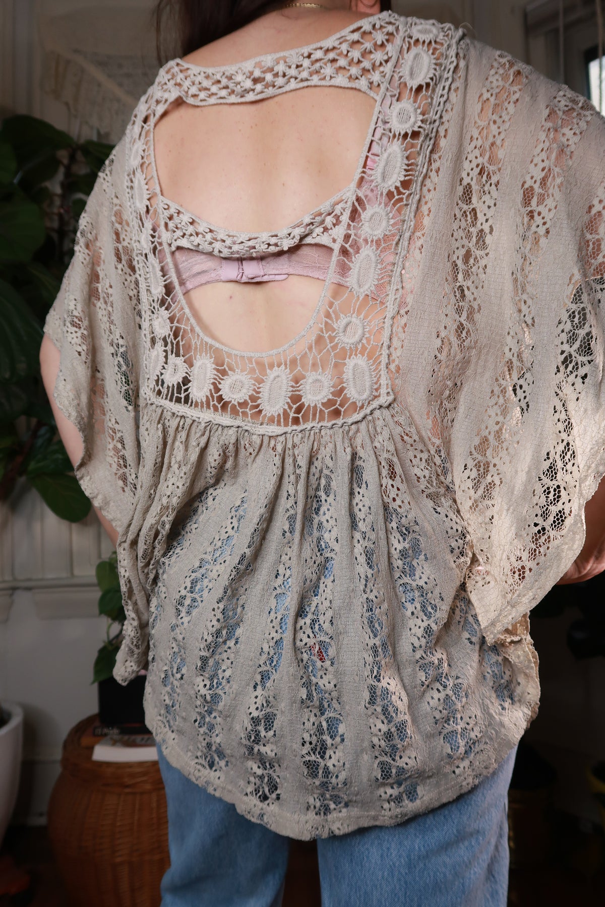 Vintage Taupe Crochet Lace Babydoll Tunic Top - Elektra Vintage