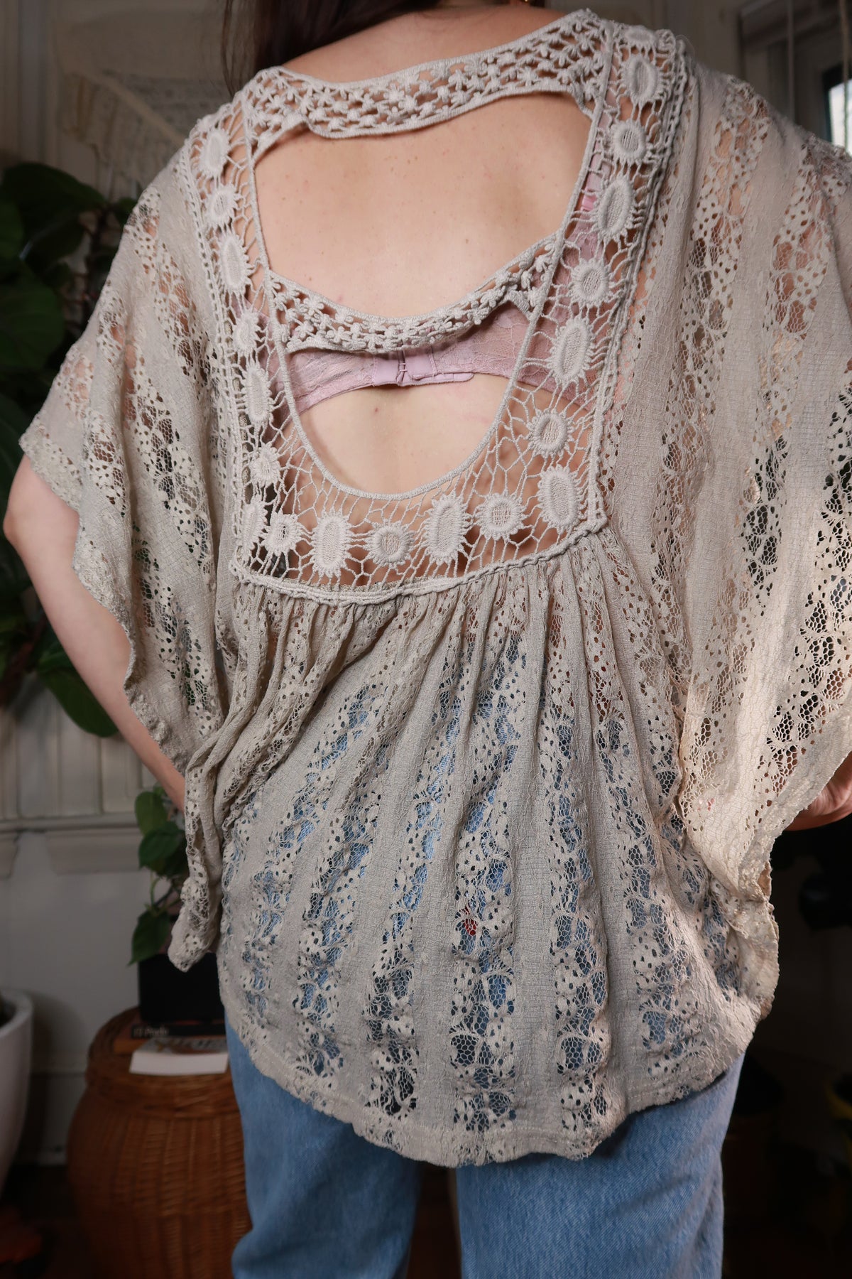 Vintage Taupe Crochet Lace Babydoll Tunic Top - Elektra Vintage