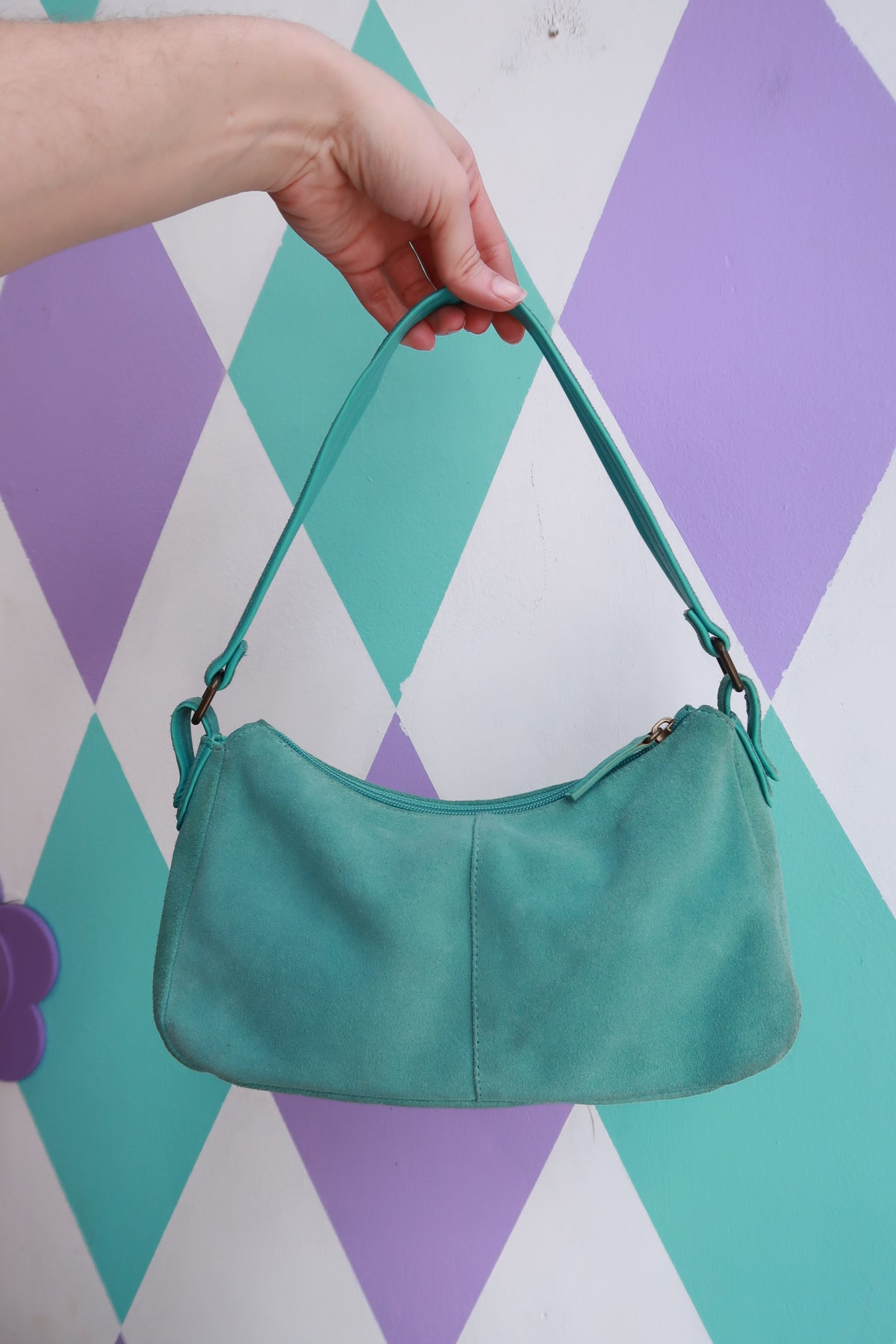 Vintage 2000s turquoise suede mini shoulder bag by Elektra Vintage, featuring a compact design with a stylish strap.