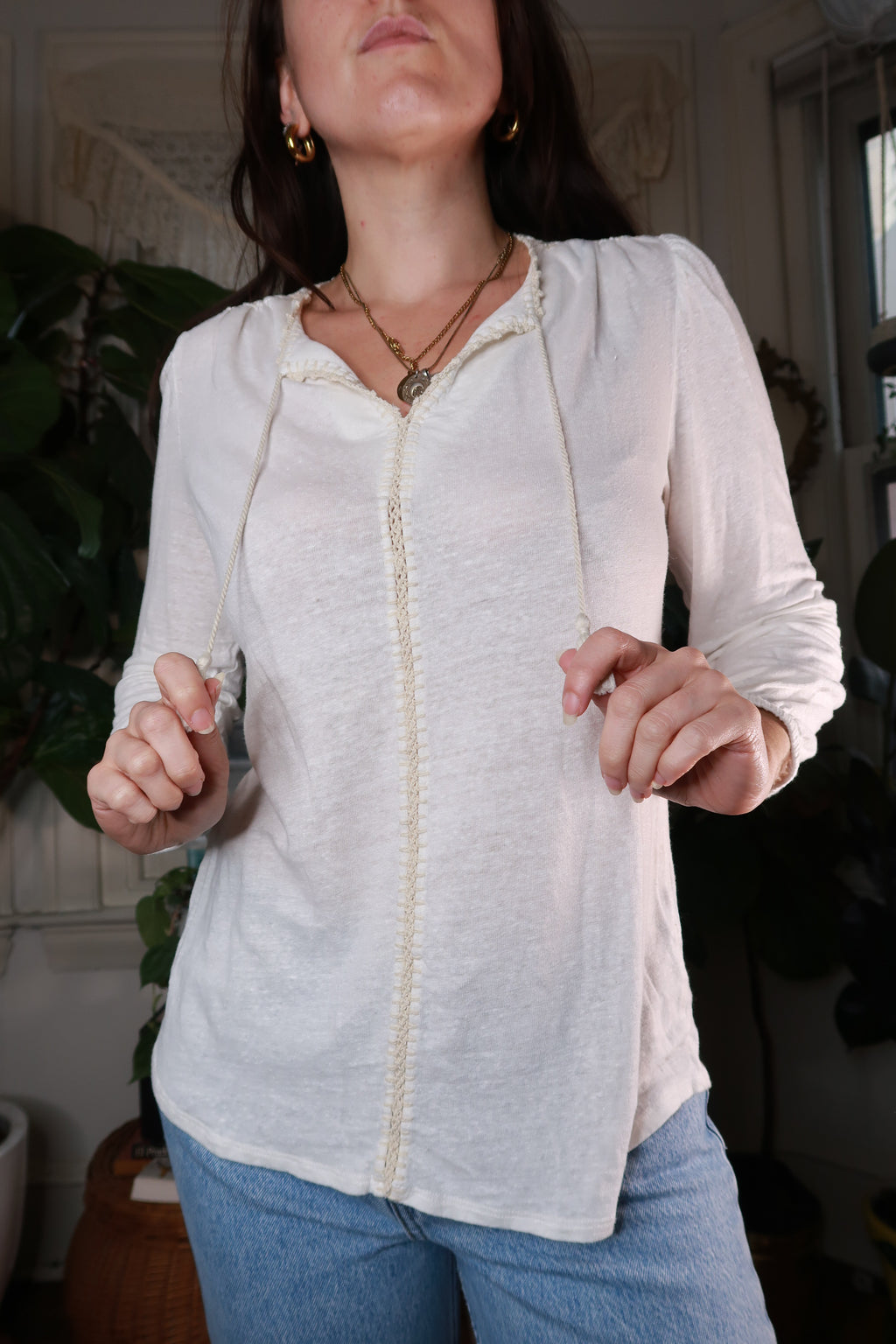Vintage Cream Peasant Blouse with Tassel Ties - Elektra Vintage