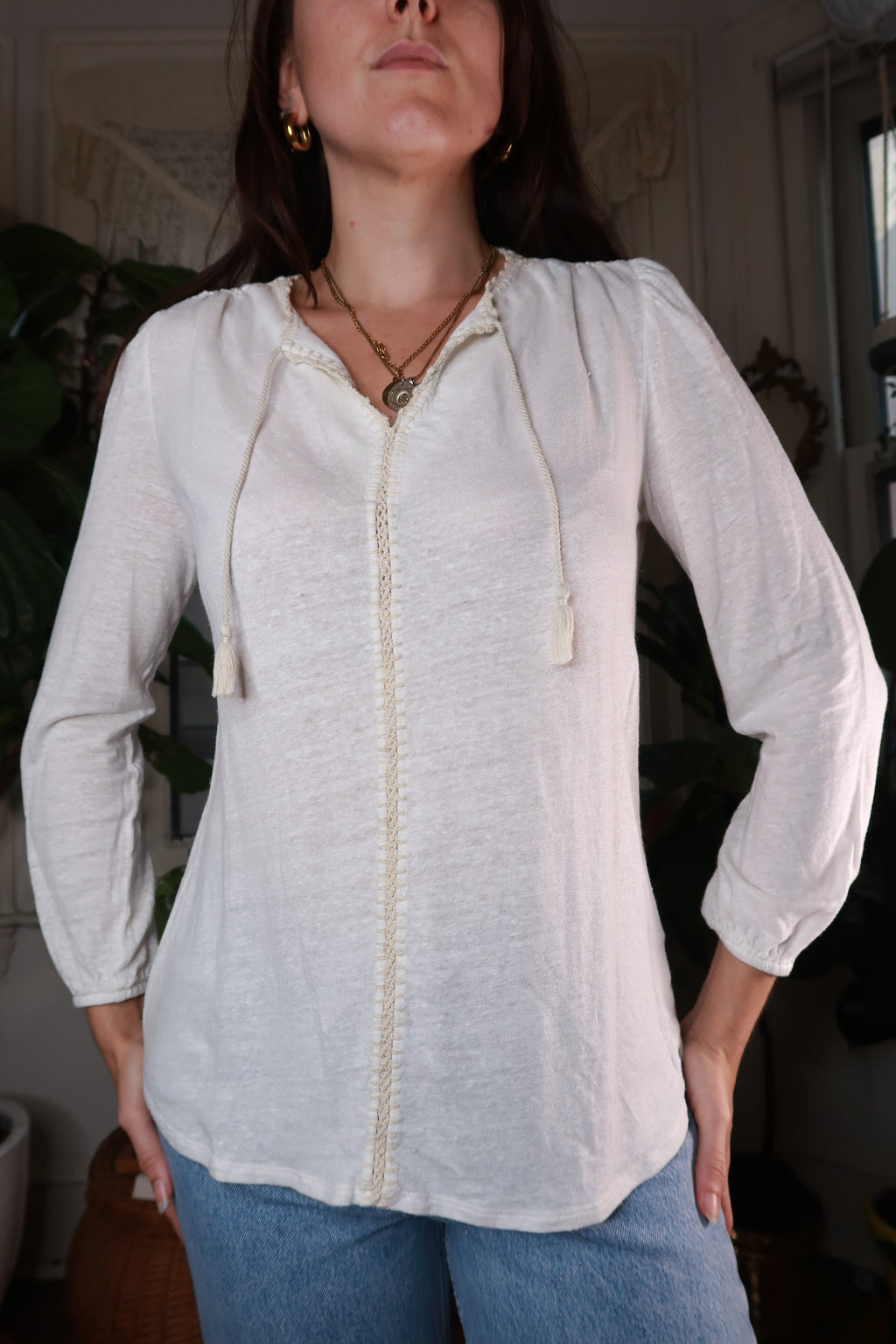Vintage Cream Peasant Blouse with Tassel Ties - Elektra Vintage