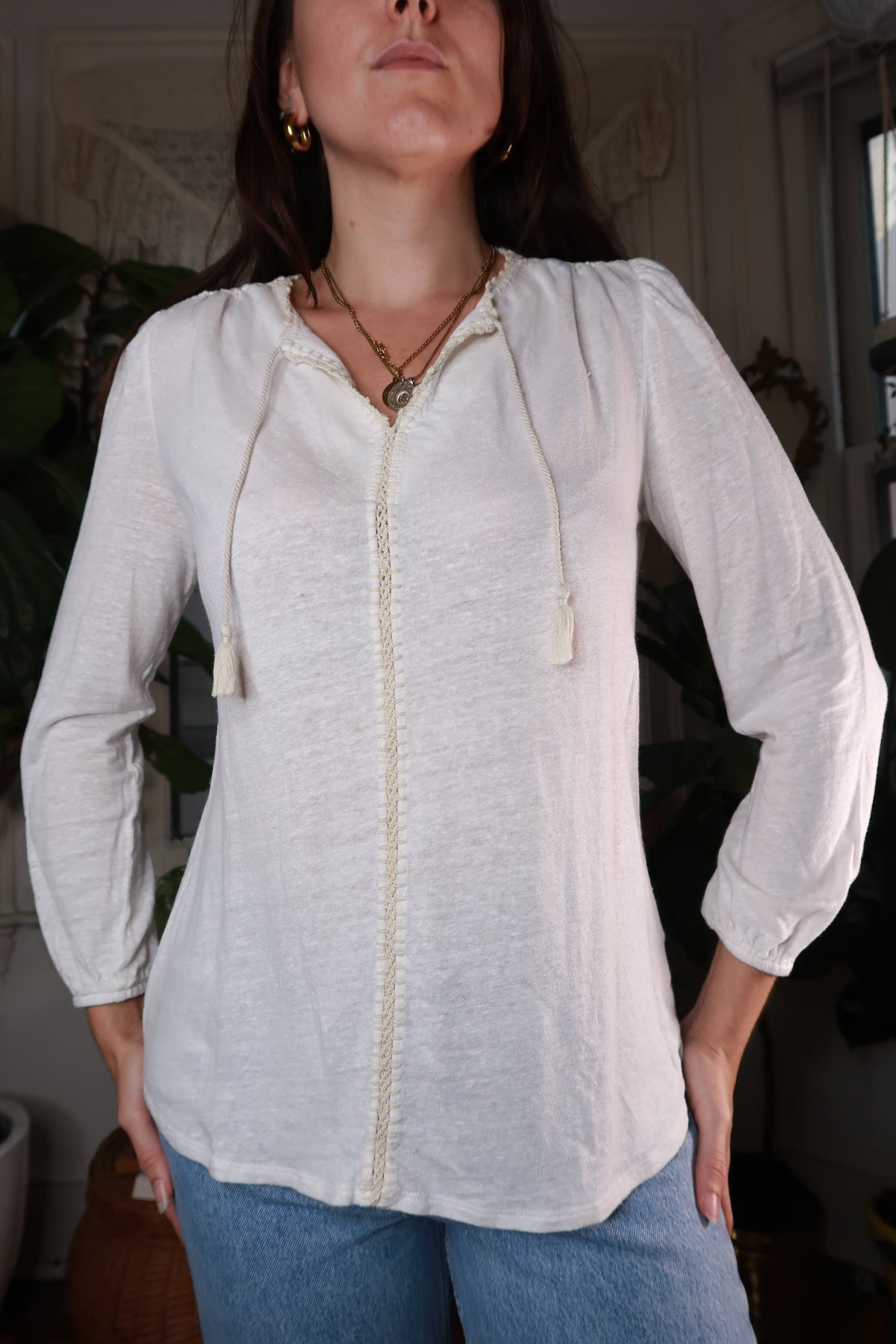 Vintage Cream Peasant Blouse with Tassel Ties - Elektra Vintage