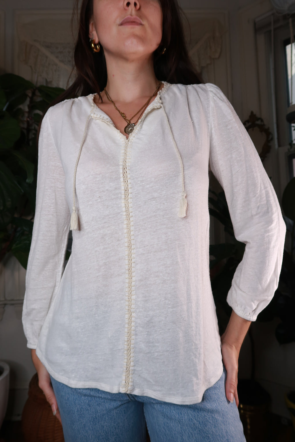 Vintage Cream Peasant Blouse with Tassel Ties - Elektra Vintage
