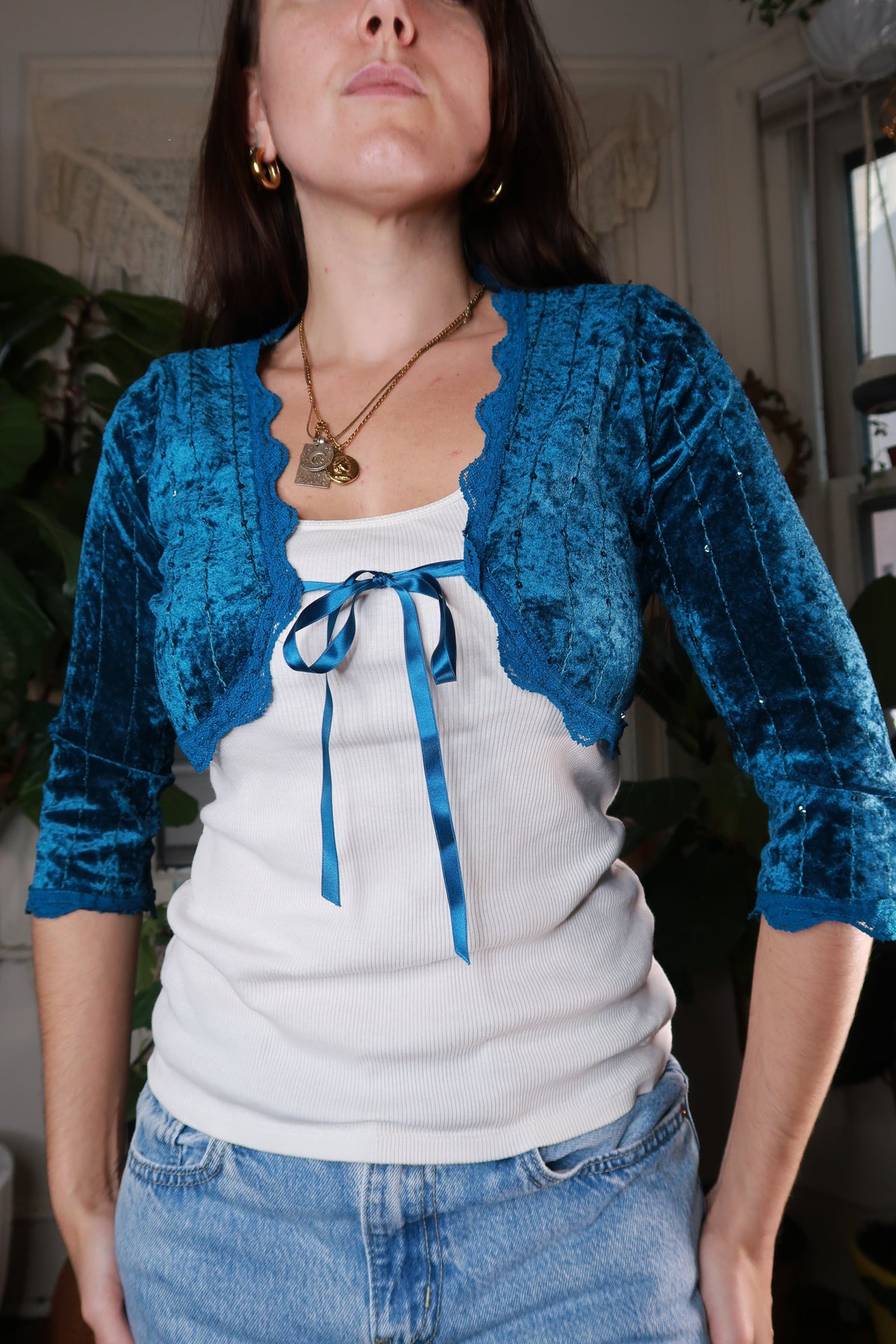 Vintage 2000s Blue Crushed Velvet Tie Front Bolero - Elektra Vintage